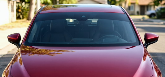 Premium windshield sun strip tint applied to the front glass of a bright red sedan. The dark visor strip smoothly covers the upper edge of the windshield, showcasing a clean, factory finish installation designed to reduce driving glare