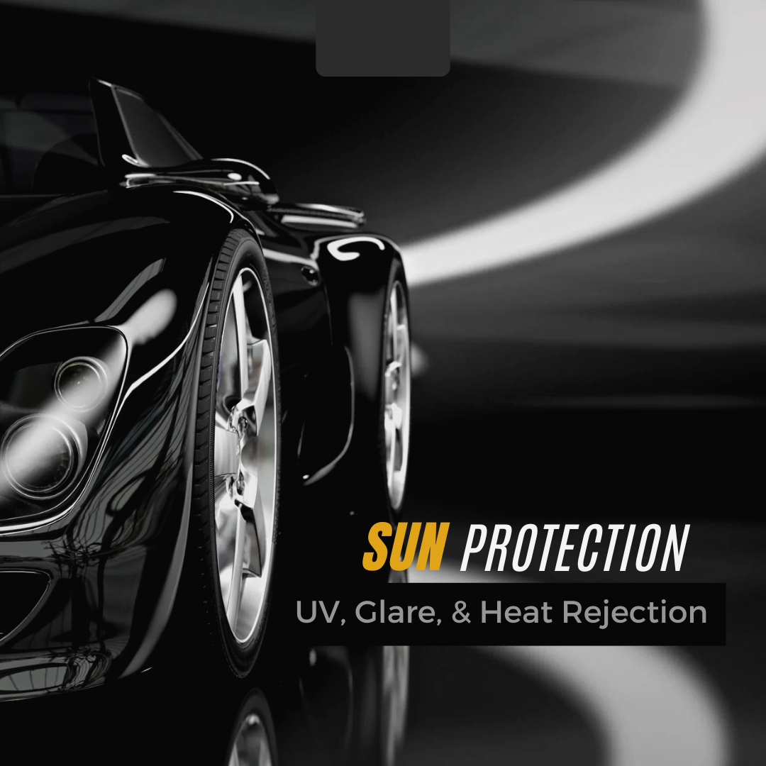 Sleek black sports car showcasing premium nano ceramic car window tinting. The high-end window tint creates a seamless, professional appearance with a deep, uniform shade across all windows