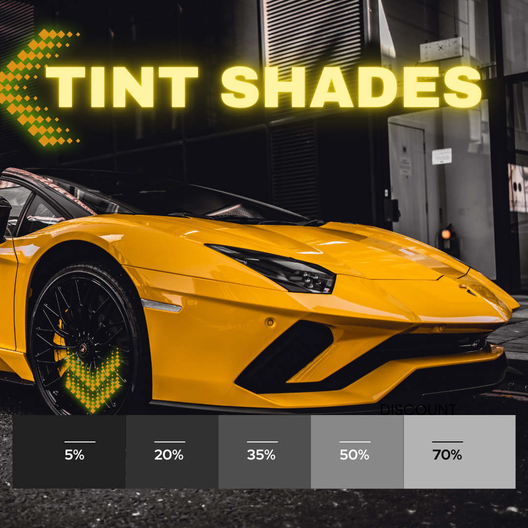 Yellow sports car displaying multiple tint services and window tinting shades. window  car tint installation near me. Image shows five popular VLT options for car window tinting - from 70% (ultra light) to 5% (limo dark).