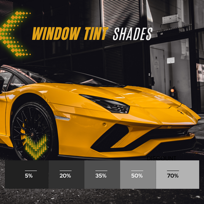 Car Tint large selection of window tinting showcase, and a beautifull yellow sports car with window tinting professionally insttalled by Car Tint, the best window tinting shop near me.

Car window tint price is $350+hst with top of the line nano ceramic window film
